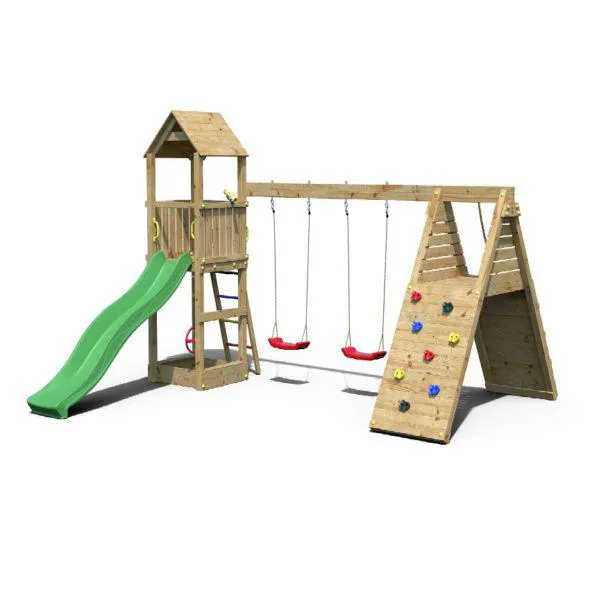 AIRE DE JEUX EN BOIS FLEPPI AVEC BALANÇOIRE DOUBLE, TOBOGGAN ET PLATEFORME - FUNGOO