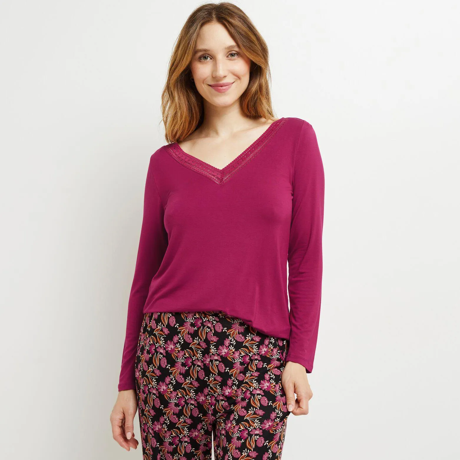 T-SHIRT MANCHES LONGUES VISCOSE PRUNE