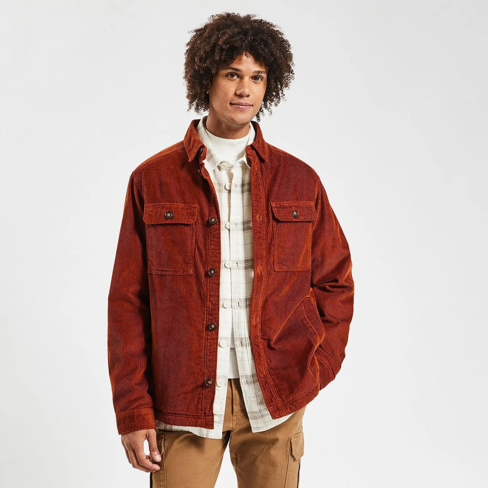 Chemise regular unie velours doublure en sherpa - Orange foncé