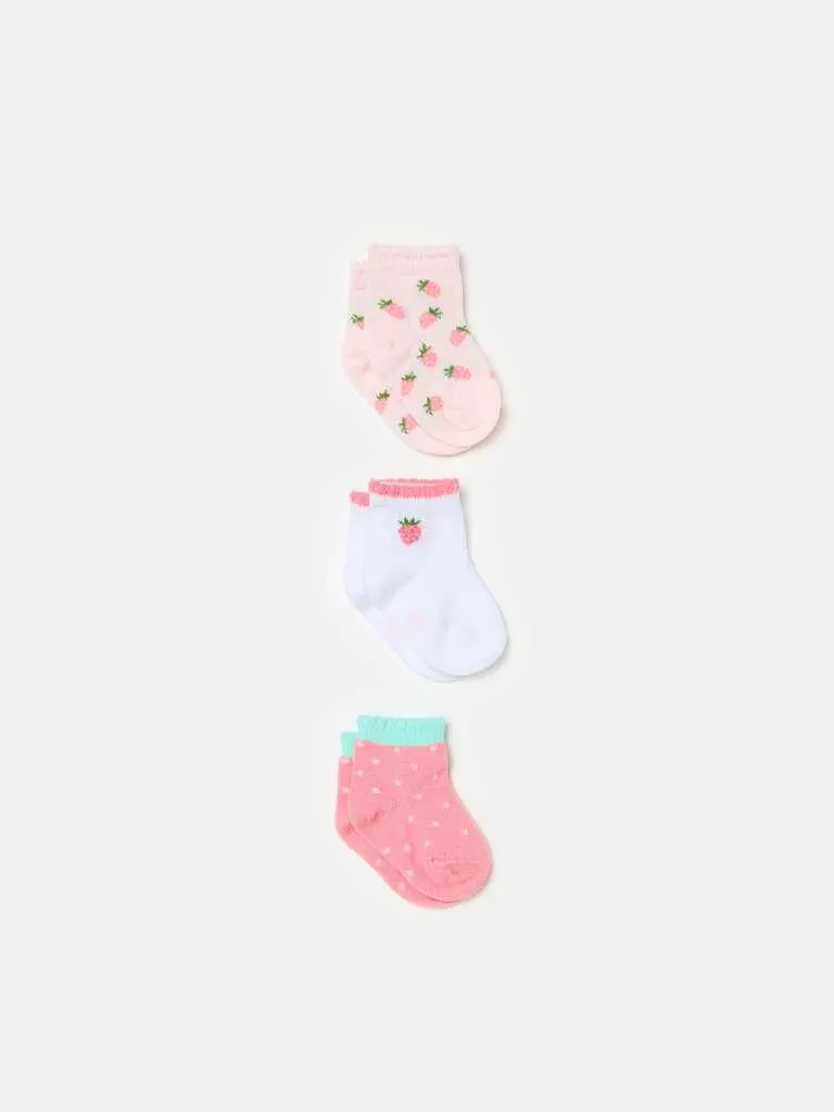 Three-pair pack short socks with strawberries design Blanc/rose