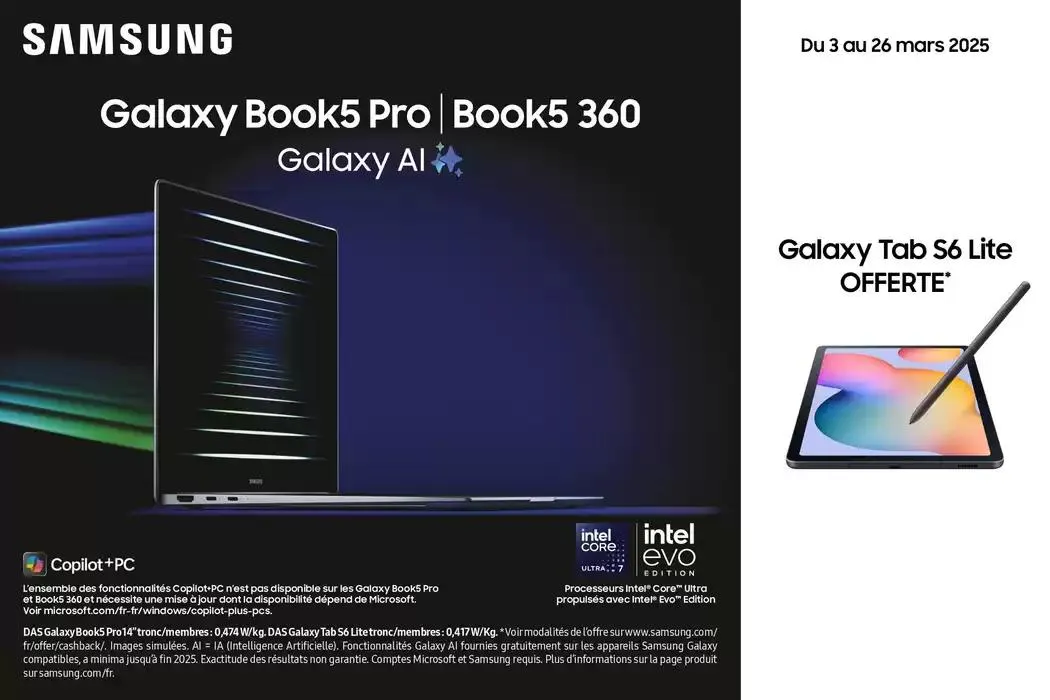Tablette Galaxy Tab S6 Lite Offerte pour l'achat d'un pc portable Galaxy Book 5 360 du 3 mars au 26 mars 2025 - Catalogue page 1