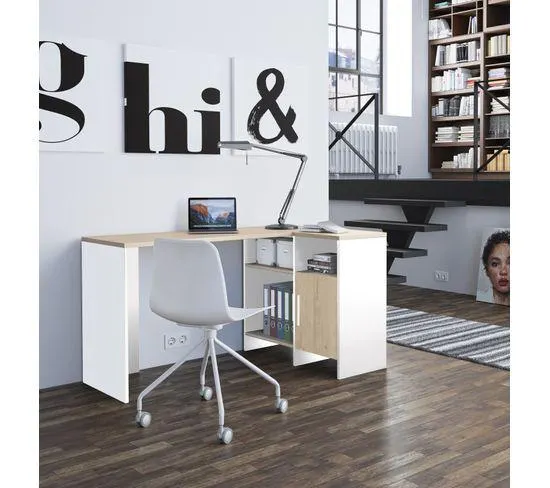 Bureau d'angle droit KOOPER Imitation chêne et blanc
