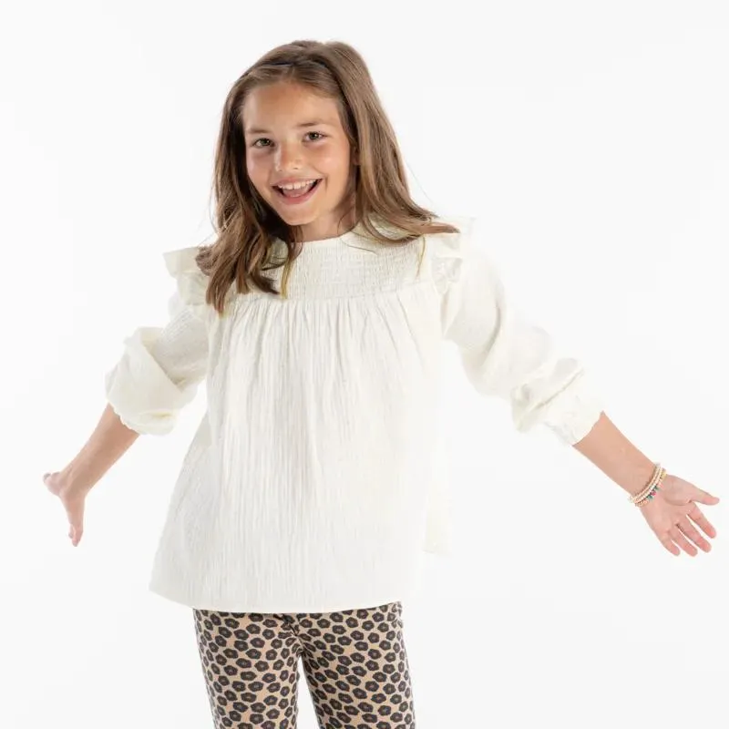 Blouse à smocks en gaze de coton blanche fille