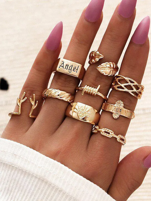 9 Pièces Ensemble de Bague Vintage Feuille Evidée Créative en Alliage