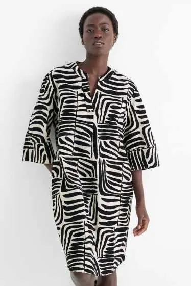 V-neck kaftan - linen blend - patterned