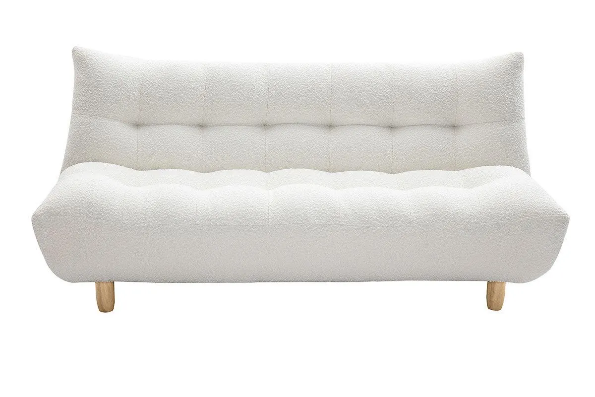 Canapé convertible scandinave 3 places en tissu effet laine bouclée blanc et bois clair YUMI