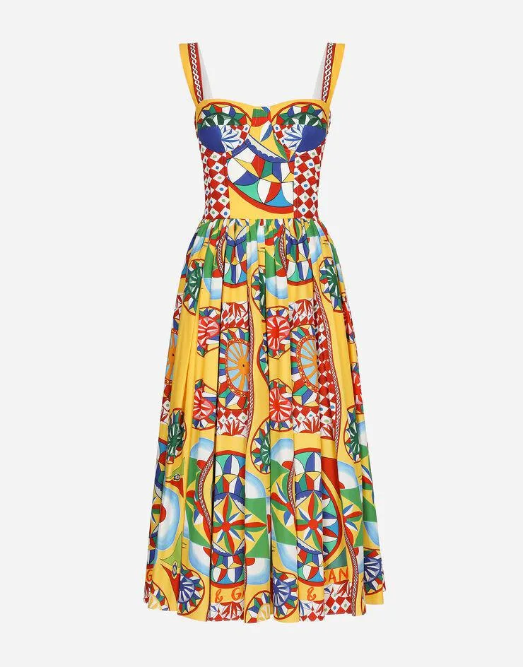 Robe bustier mi-longue en popeline à imprimé carretto