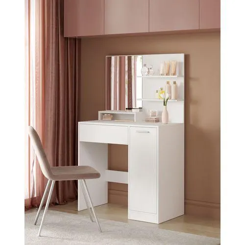 VASAGLE Coiffeuse, Avec Miroir, 1 Tiroir, 2 Étagères, blanc, 80 x 40 x 132 cm