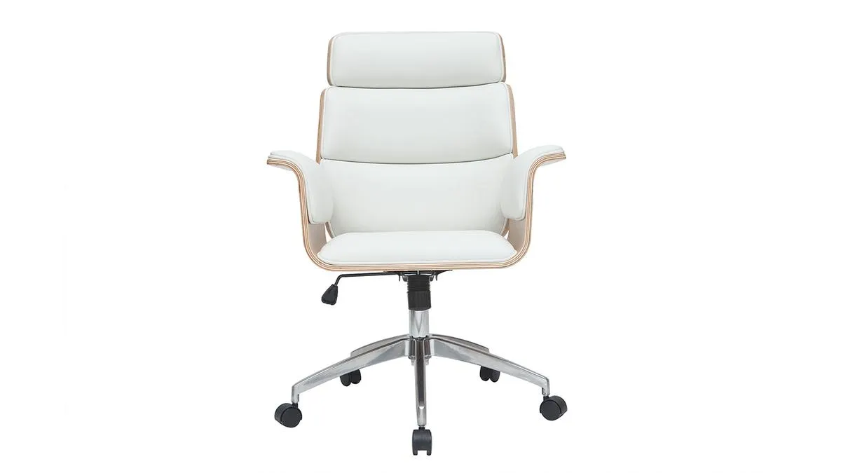 Fauteuil de bureau à roulettes design blanc, bois clair et acier chromé ELON