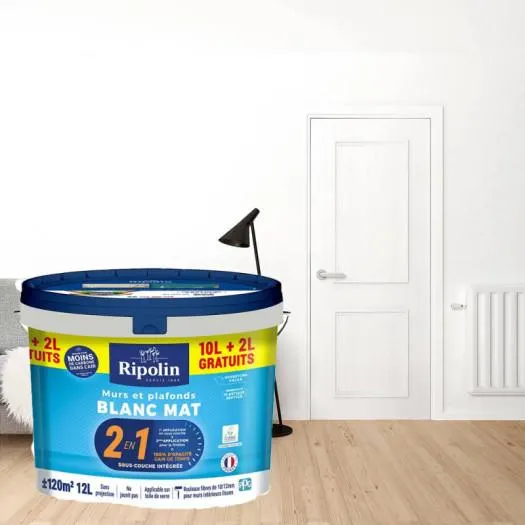 Peinture Ripolin murs et plafonds 2 en 1 sous-couche intégrée blanc mat 12L