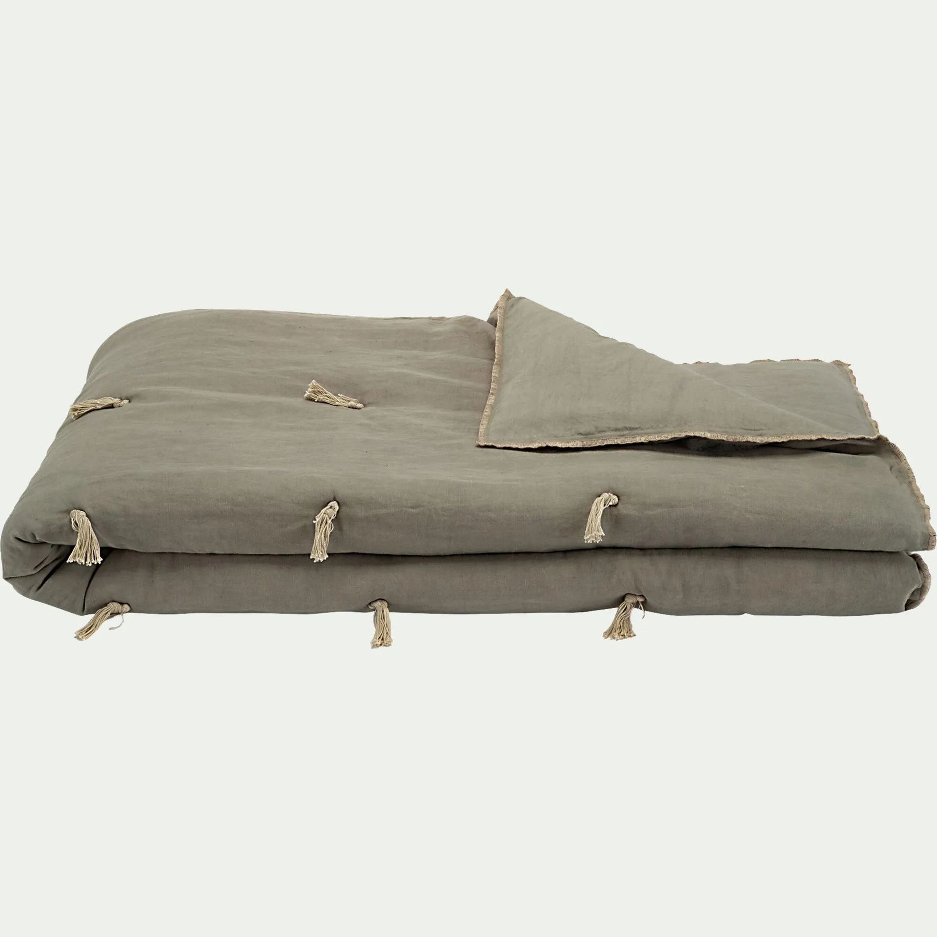 Édredon en lin et coton 100x180cm piquage pompons - vert olivier