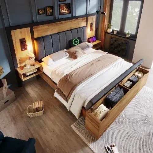 HAUSS SPOLE Lit Adulte 160x200 Cm, Lit Avec Lampe Et USB C, Table De Chevet Et Banc, En Bois Et Lin, Chêne