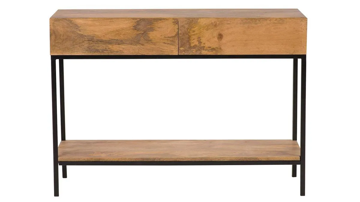 Console industrielle avec rangements 2 tiroirs en bois manguier massif et métal noir L110 cm YPSTER