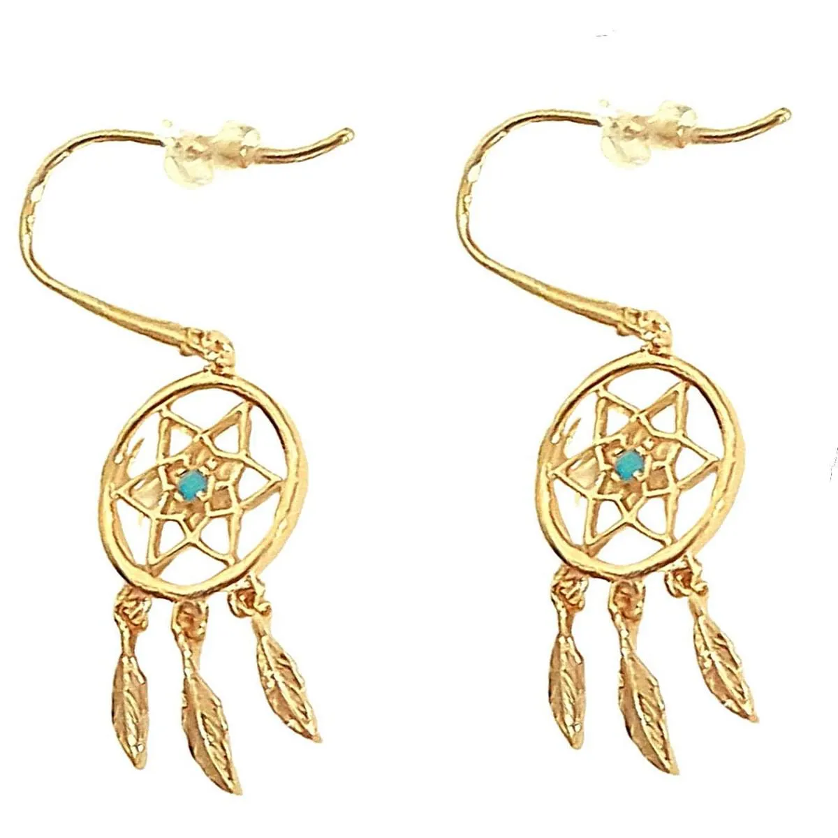 Boucles d'oreilles indien attrape attrapeur rêves trois plumes en plaqué or