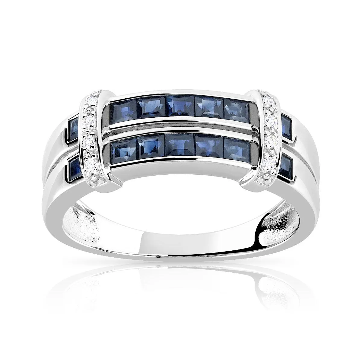 Bague or 750 blanc double anneau saphirs carrés et diamants