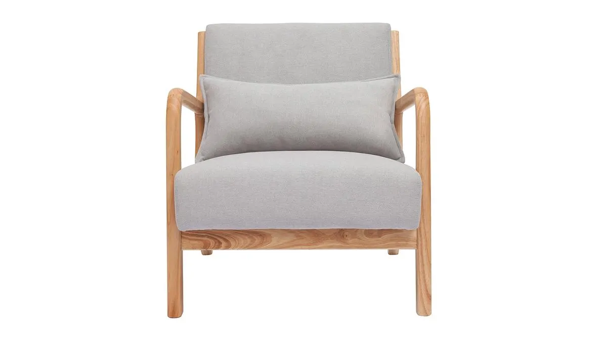 Fauteuil scandinave en tissu effet velours gris clair et bois clair massif DERRY
