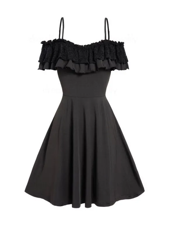 Mini Robe Ligne A en Dentelle Taille Haute à Epaule Dénudée à Volants