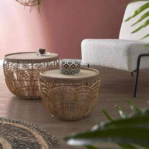 ALTOBUY Lot De 2 Tables En Rotin Synthétique Et Plateau Mdf Imitation Bambou - Jaya