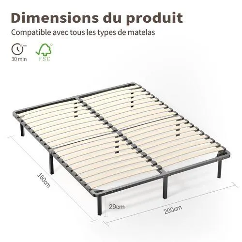 DEWINNER Sommier Cadre à Lattes 160x200cm Sommier à Lattes Sur Pieds , 9 Pieds Inclus