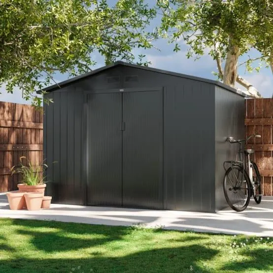 Abri de jardin métal FERRAIN 5,29 m² avec double porte coulissante, kit de fixation sol inclus et coloris anthracite – sweeek