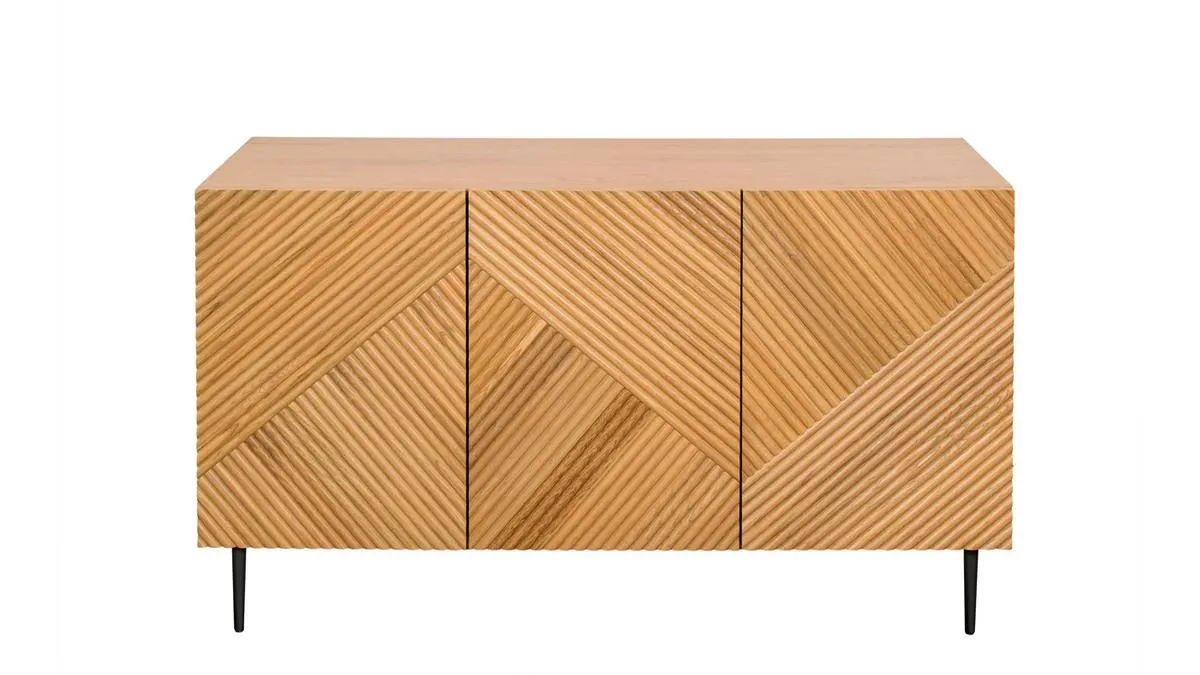 Buffet design en bois clair chêne massif gravé et métal noir 3 portes L135 cm ARCHIPEL