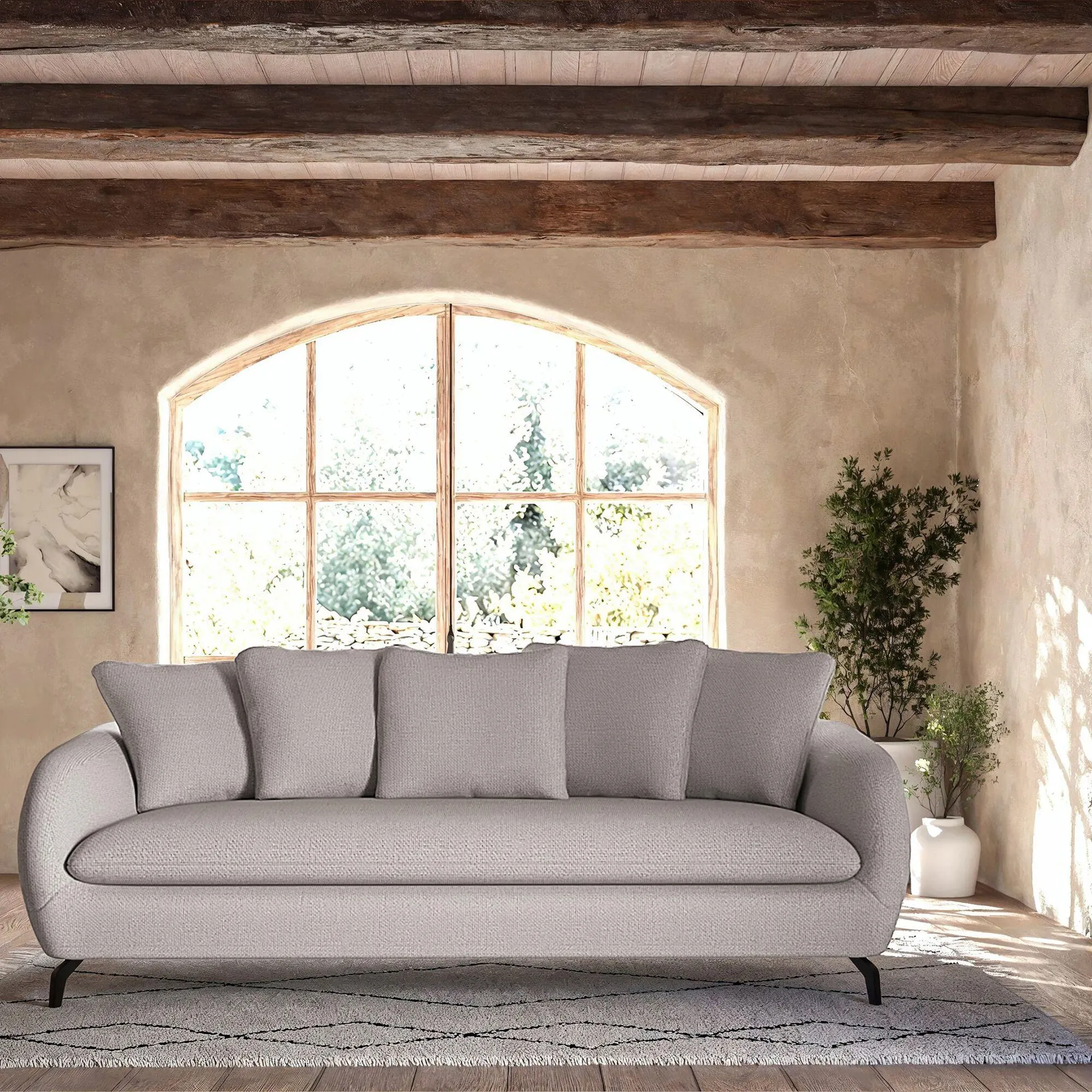 Canapé fixe 4 places en tissu tramé piétement noir - beige roucas