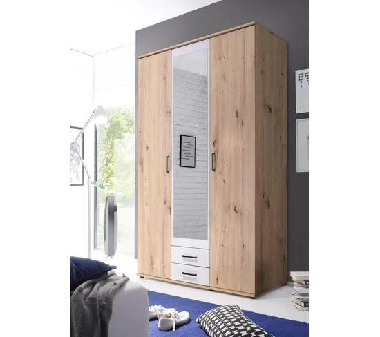 Armoire avec penderie et tiroirs ARTY Blanc et imitation chêne