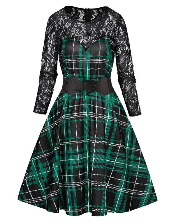 Mini Robe Ceinturée à Imprimé Fleur à Carreaux à Manches Longues à Taille Haute