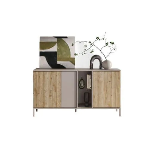 Buffet 3 portes 2 étageres L.160 cm GENT imitation chêne et beige