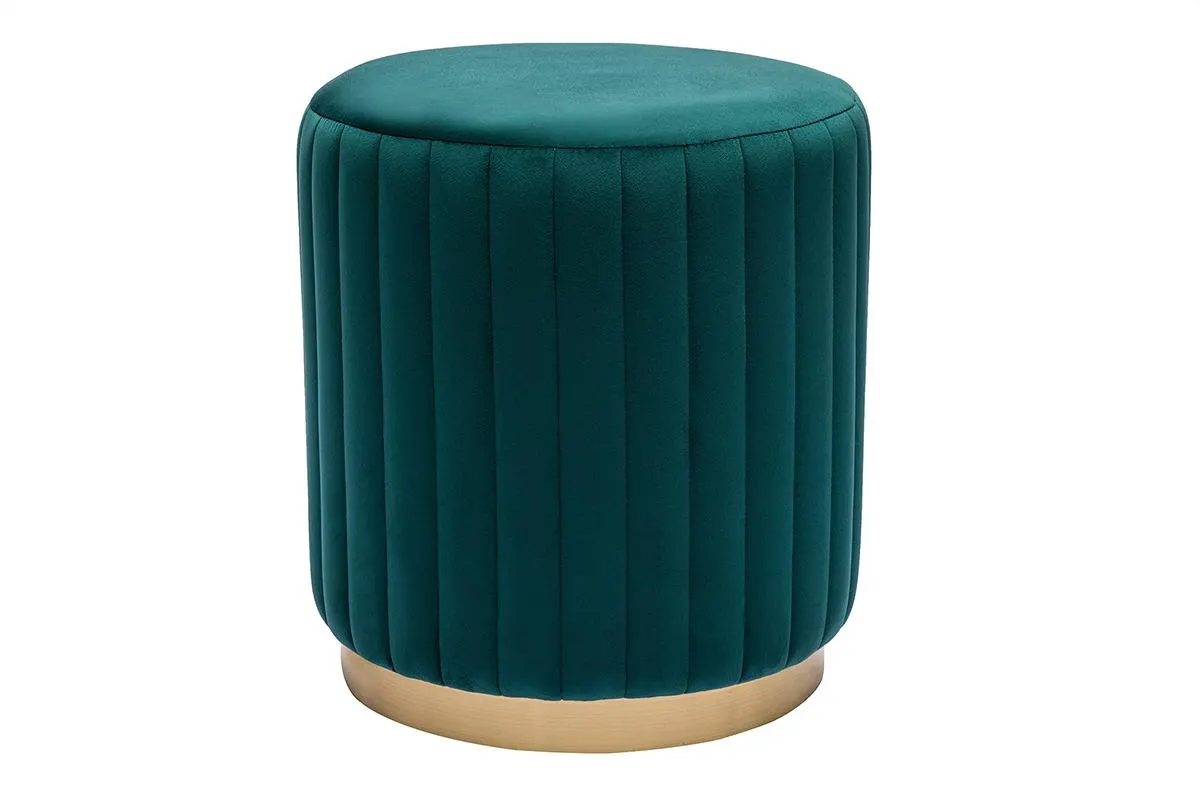 Pouf rond en velours bleu pétrole et métal doré D40 cm DONA
