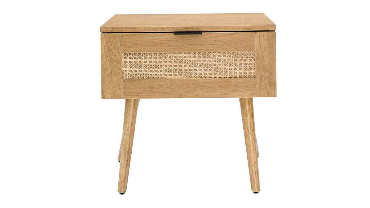 Table de chevet finition bois clair, cannage rotin et métal noir L50 cm MANILLE