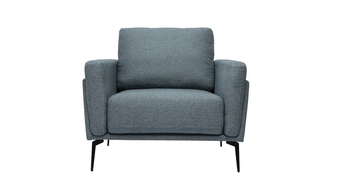 Fauteuil design en tissu vert de gris et métal noir MOSCO