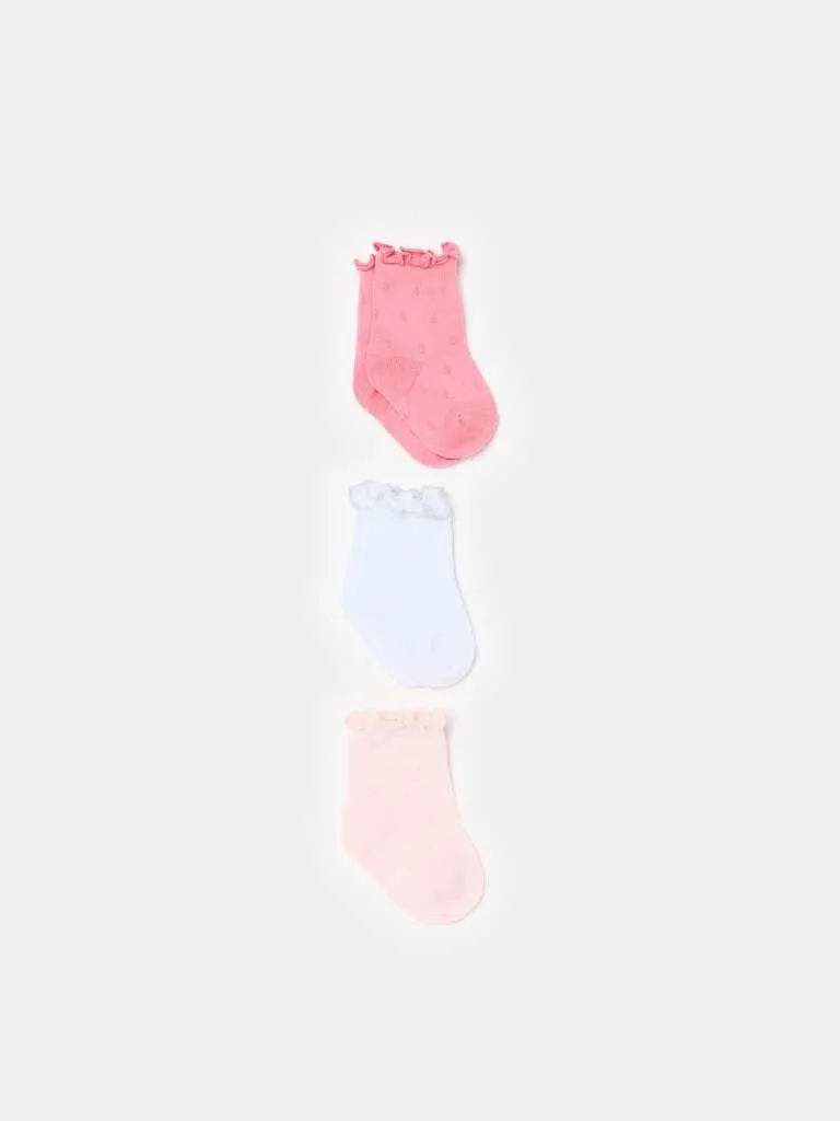 Three-pair pack short socks with openwork design Blanc/rose