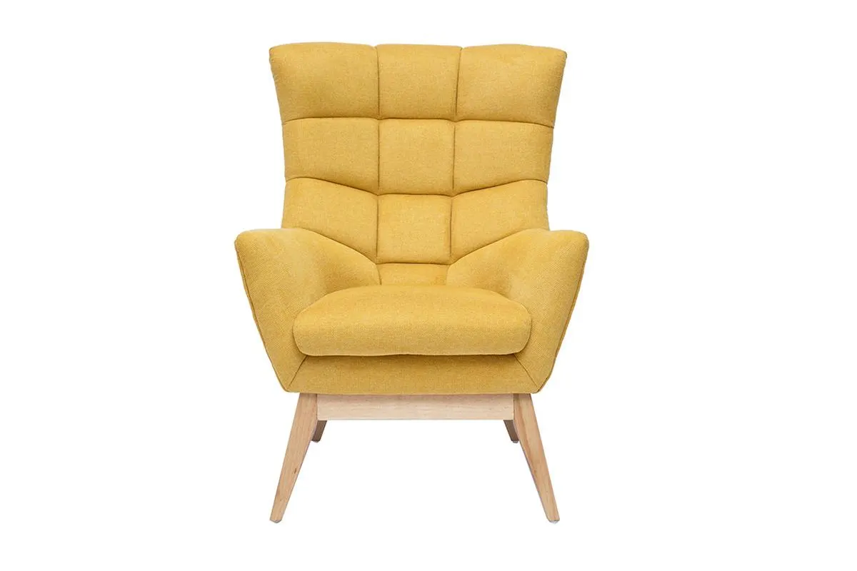 Fauteuil scandinave en tissu effet velours texturé jaune moutarde et bois clair BRODY