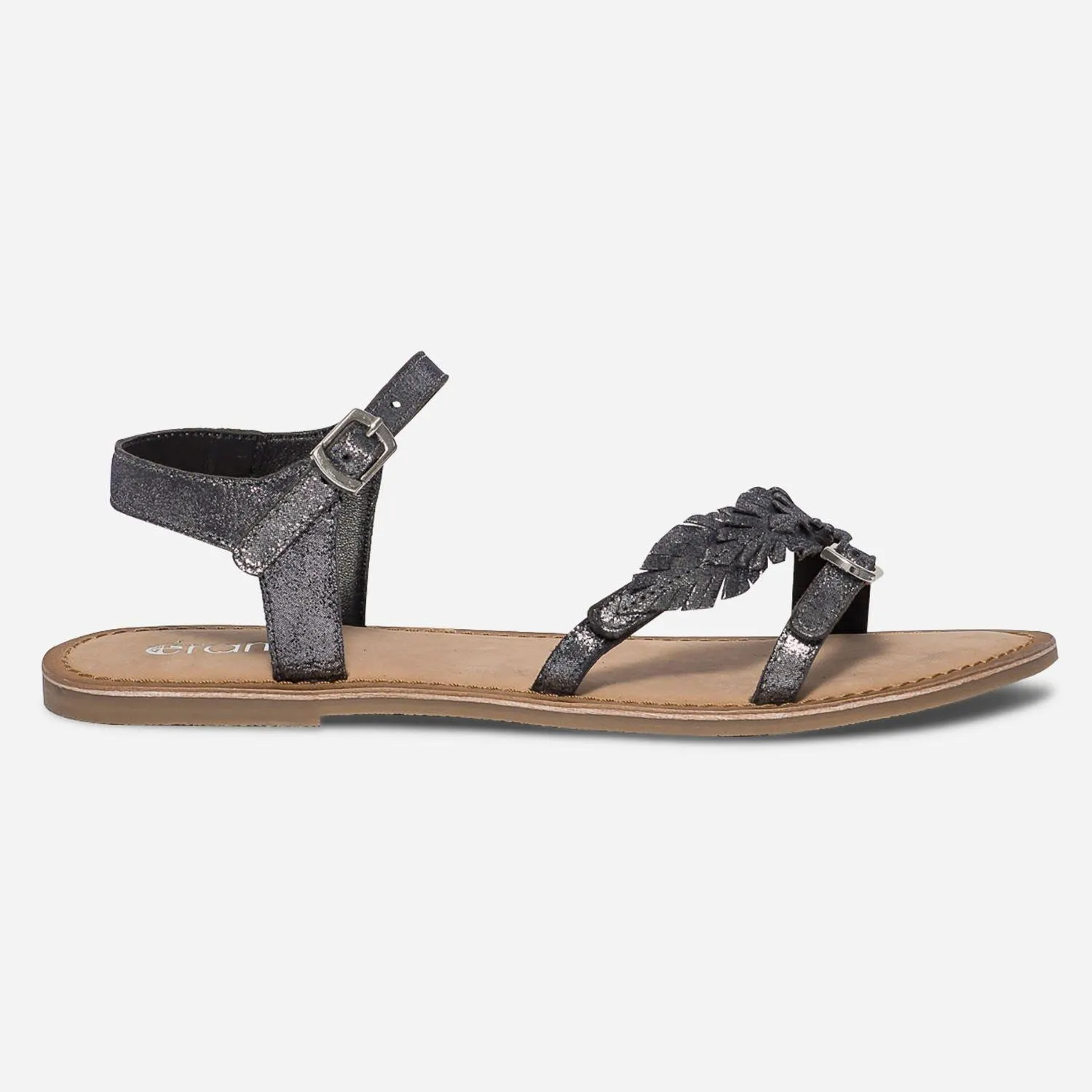 Sandale noire en cuir métallisé avec feuilles
