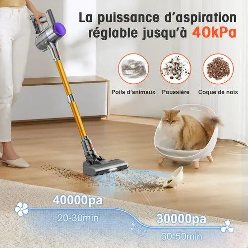 AIRCHROS Aspirateur balai 40KPa, 55 min d'autonomie, 2 vitesses, 6 en 1, capacité 1,6L, anti-emmêlement
