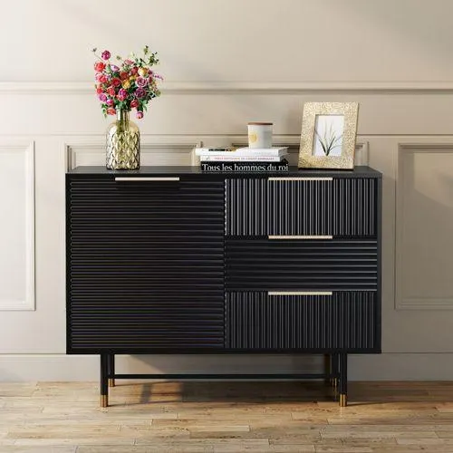 Commode 3 tiroirs 1 porte ARMENA noire et dorée