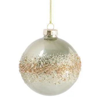 Pallina di Natale in vetro colorato verde chiaro, brillantini e perle dorate e bianche - Lotto di 6