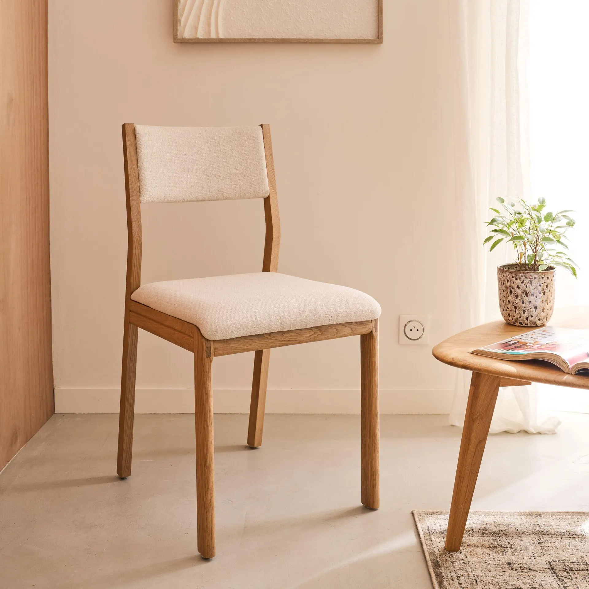 Chaise de repas en chêne massif et tissu - blanc écru