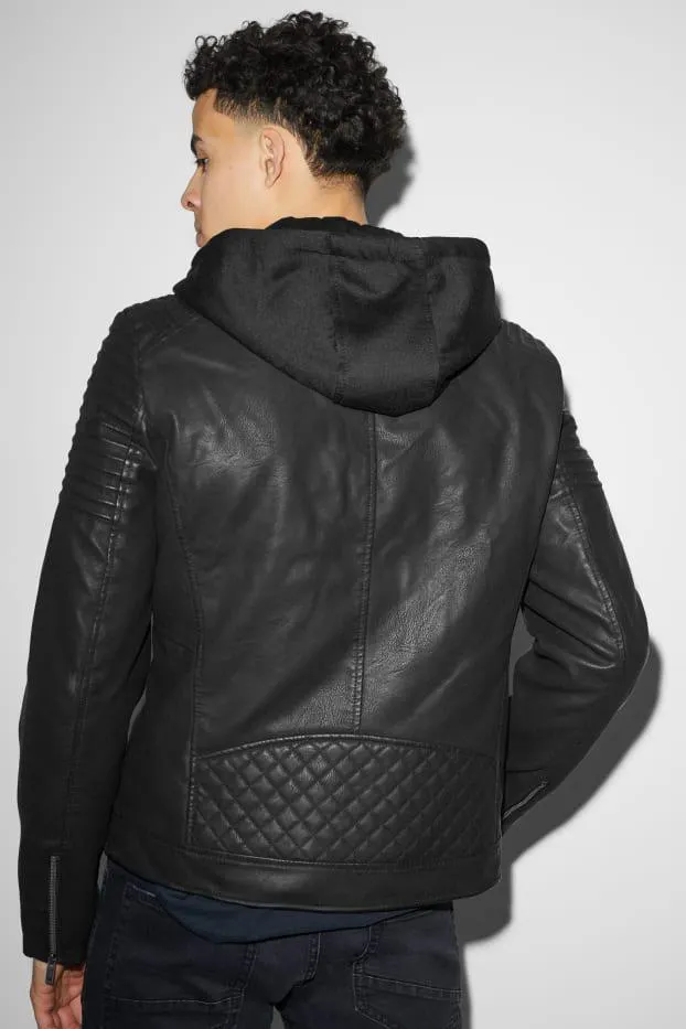 Biker jacket with hood - faux leather