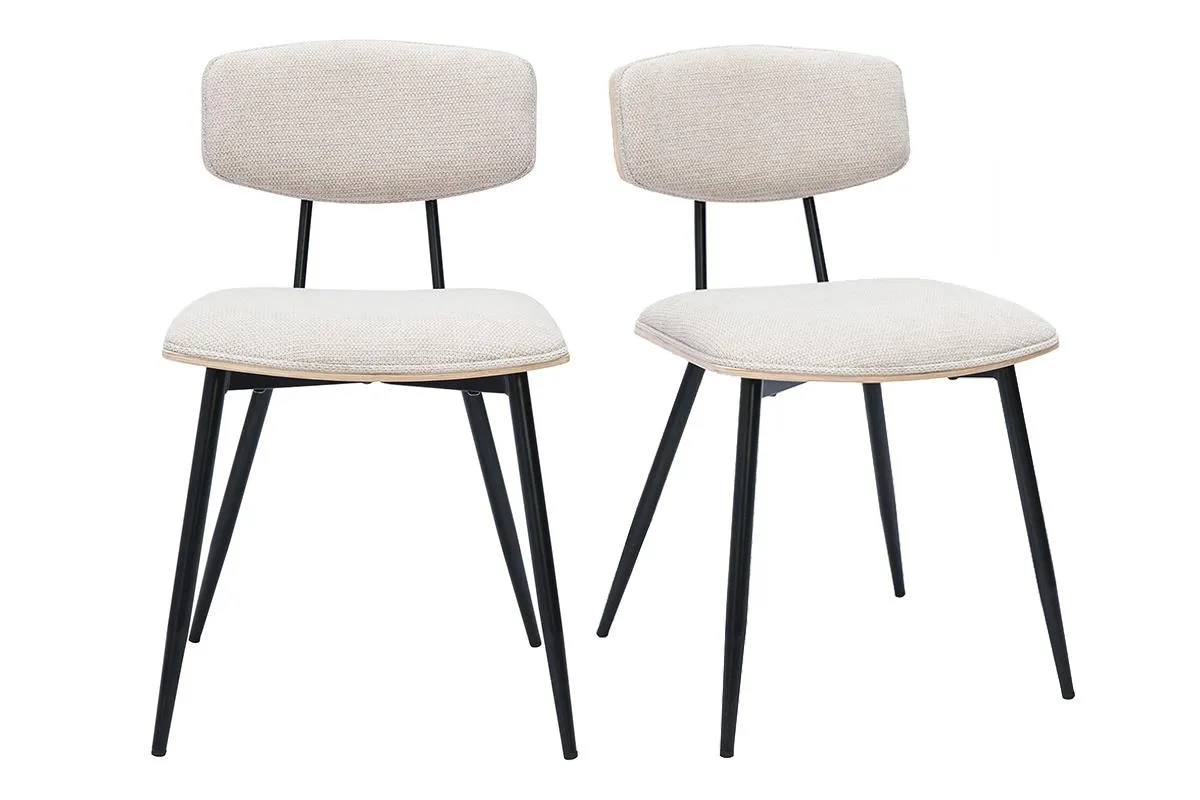 Chaises vintage en bois clair chêne assises tissu chenille beige et métal noir (lot de 2) JOLINE