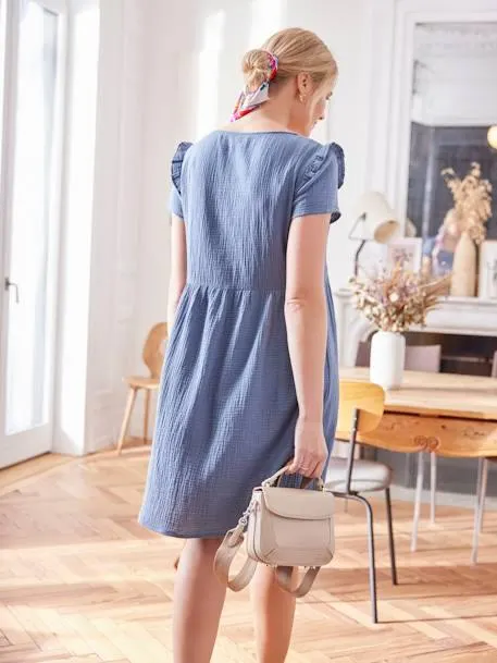 Robe de grossesse et d'allaitement gaze de coton - bleu jean