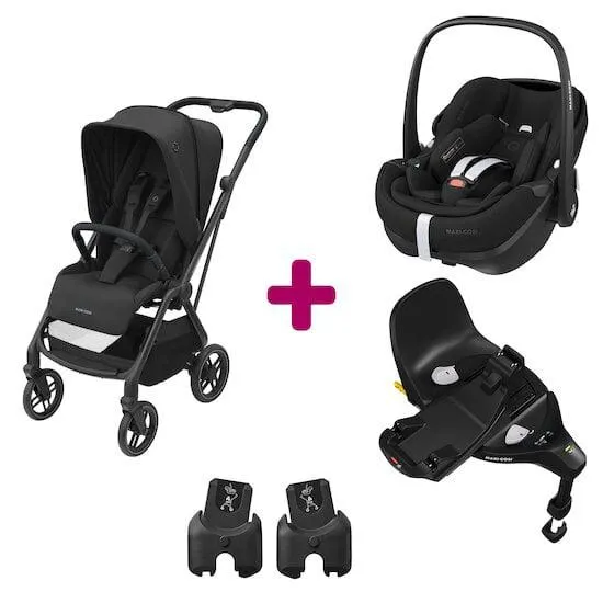 Pack poussette duo Léona 2 + pebble pro 360 essential black + base familyfix 360 pro de Maxi Cosi
