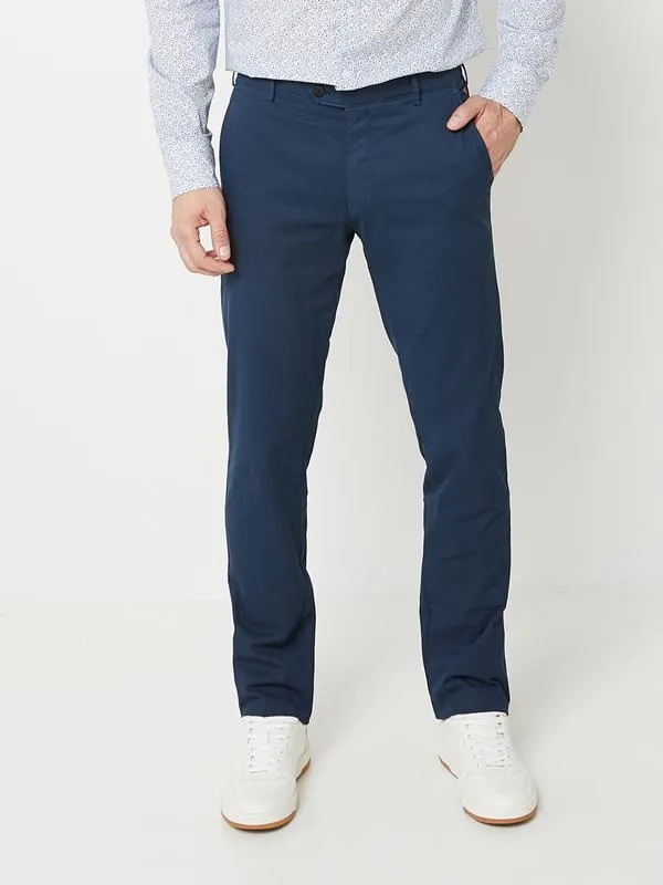 Chino En Sergé Micro Structuré En Coton Bio, Perfect Fit - Bleu marine