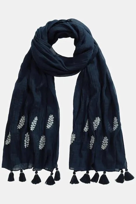 Foulard en mousseline, broderie, pompons