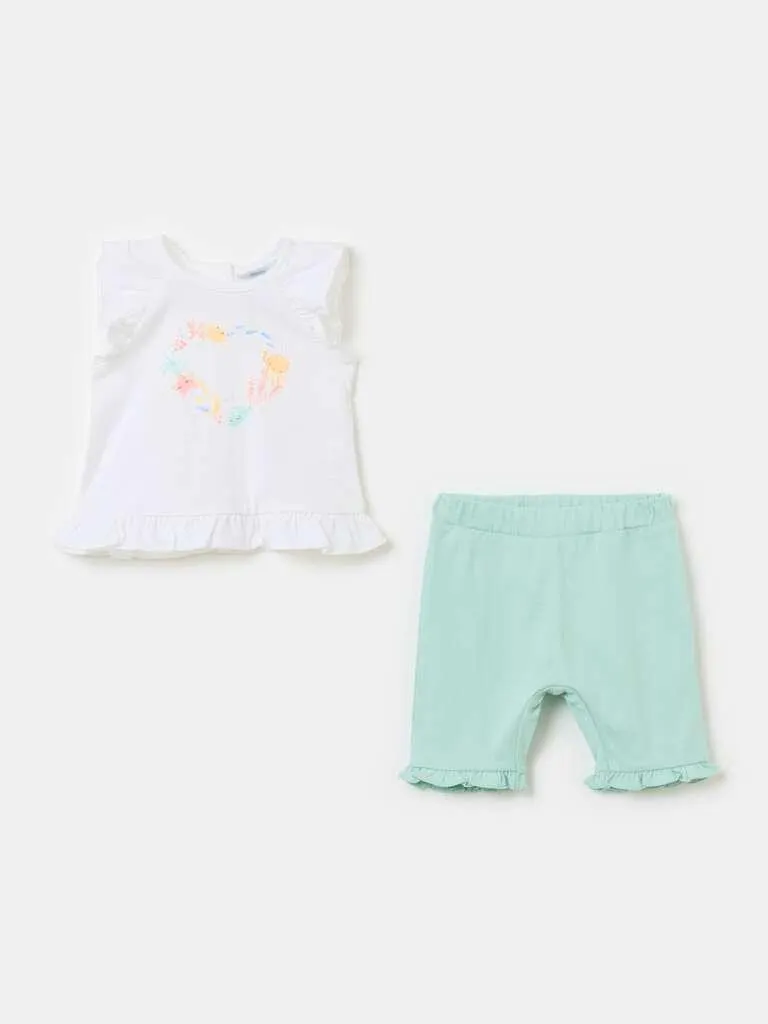 T-shirt and shorts set in organic cotton Blanc/vert aqua