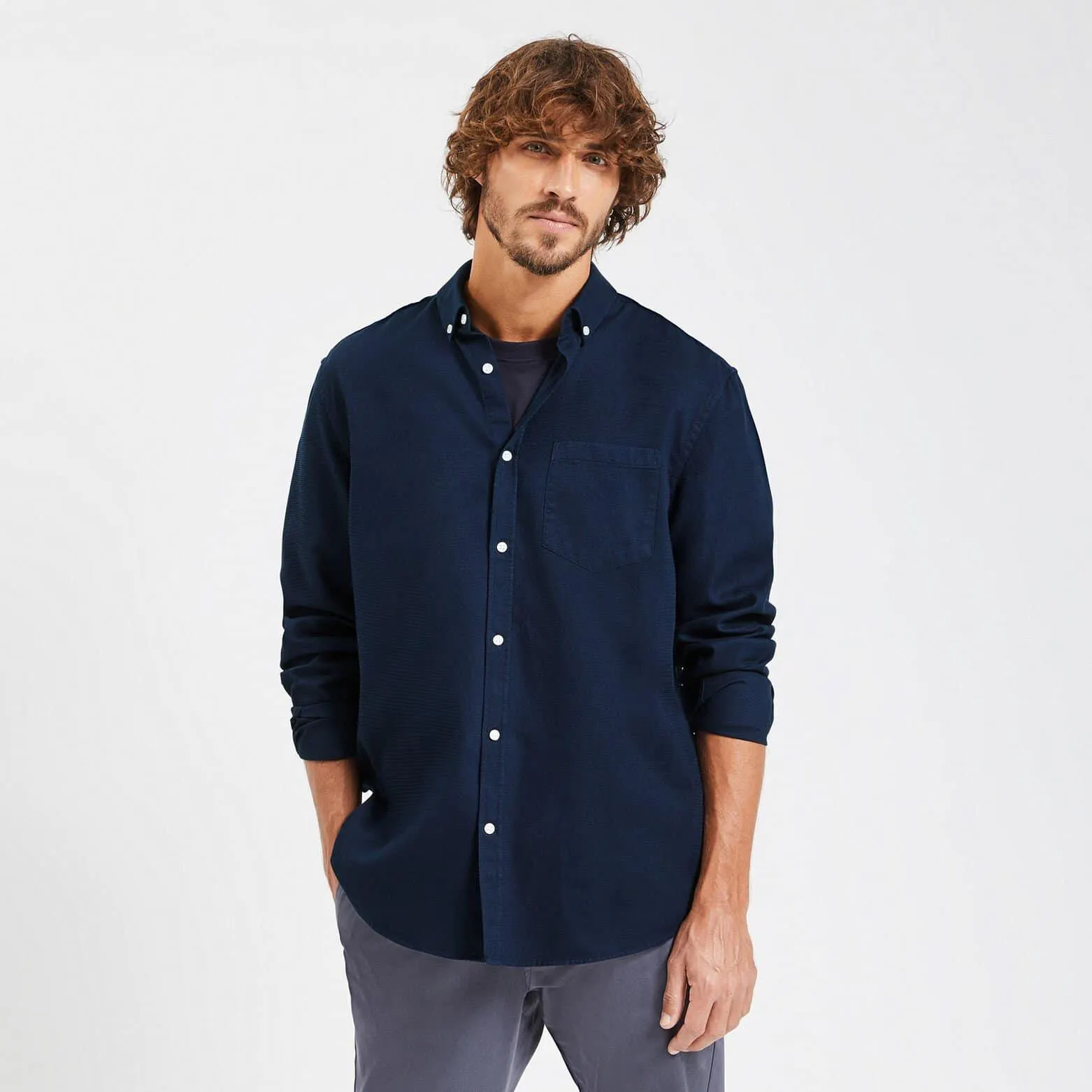 Chemise regular unie coton recyclé nid d'abeille - Bleu foncé