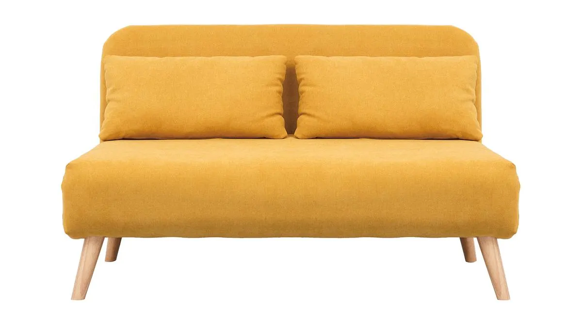 Chauffeuse 2 places convertible en tissu effet velours moutarde et bois clair AMIKO