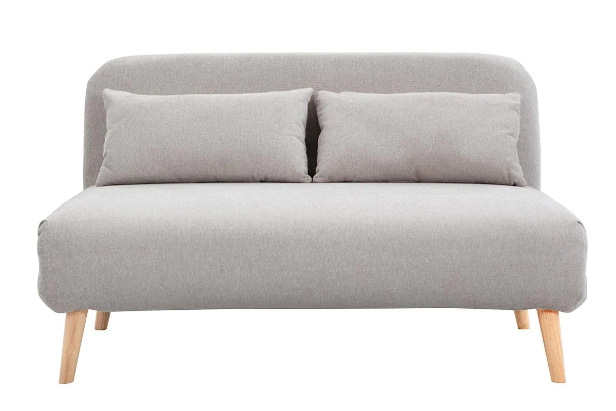 Chauffeuse 2 places convertible en tissu effet velours texturé beige et bois clair AMIKO