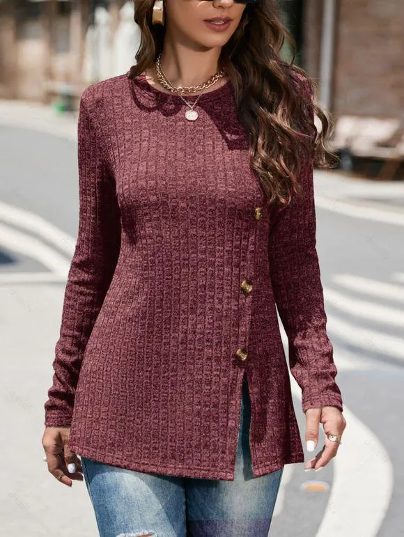 Haut Décontracté Chiné Côtelé en Tricot à Manches Longues avec Bouton en Avant